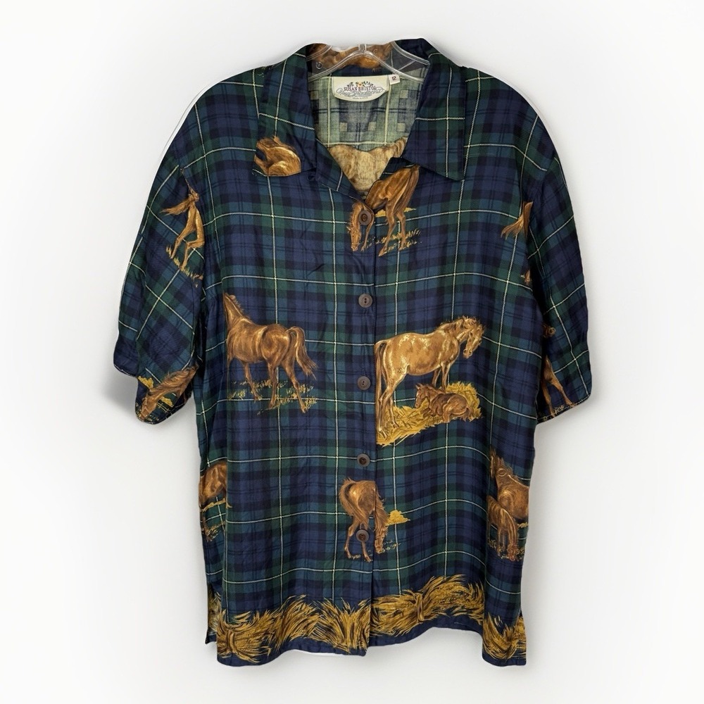 Vintage Susan Bristol Horse Plaid Western Equestrian Shirt Womens 12 Rayon USA